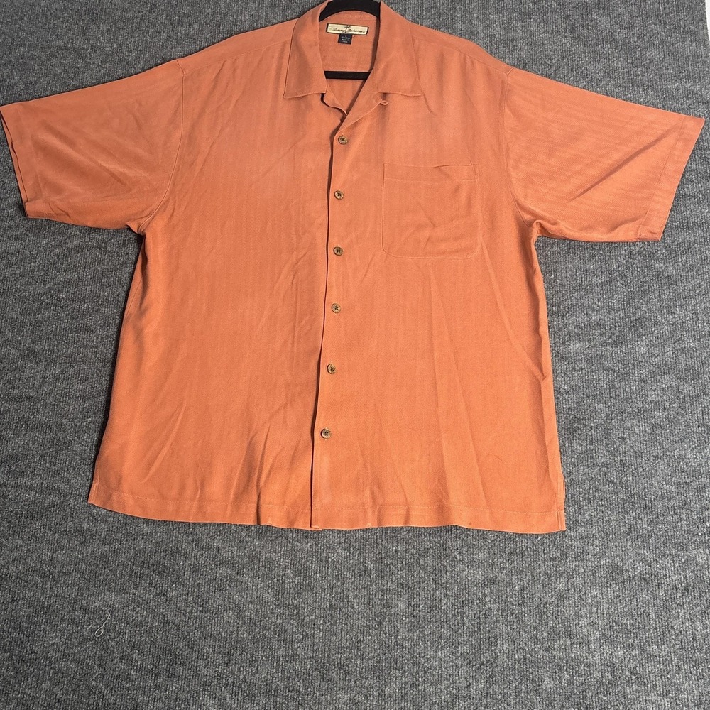 Tommy Bahama Silk Shirt Mens L Orange Herringbone Outdoor Camp Button Down